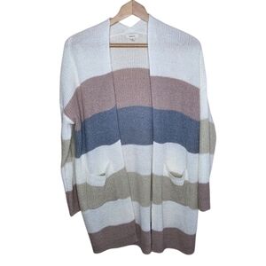 Debut | Ivory Tan Pink Blue Wide Stripe Open Front Cardigan Sweater Size S/M